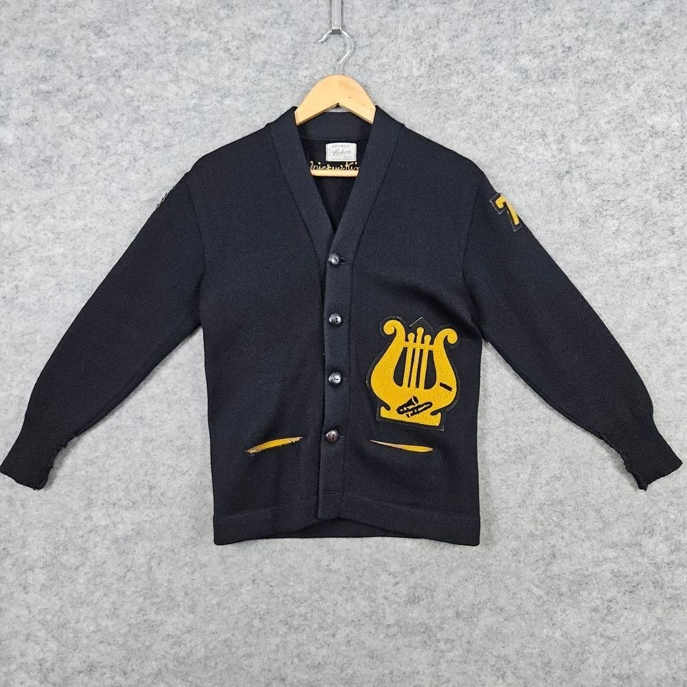 Dehen Knitting Co Black School Sweater 100% Wool Sz XS Vintage Cardigan‎ REPAIRS